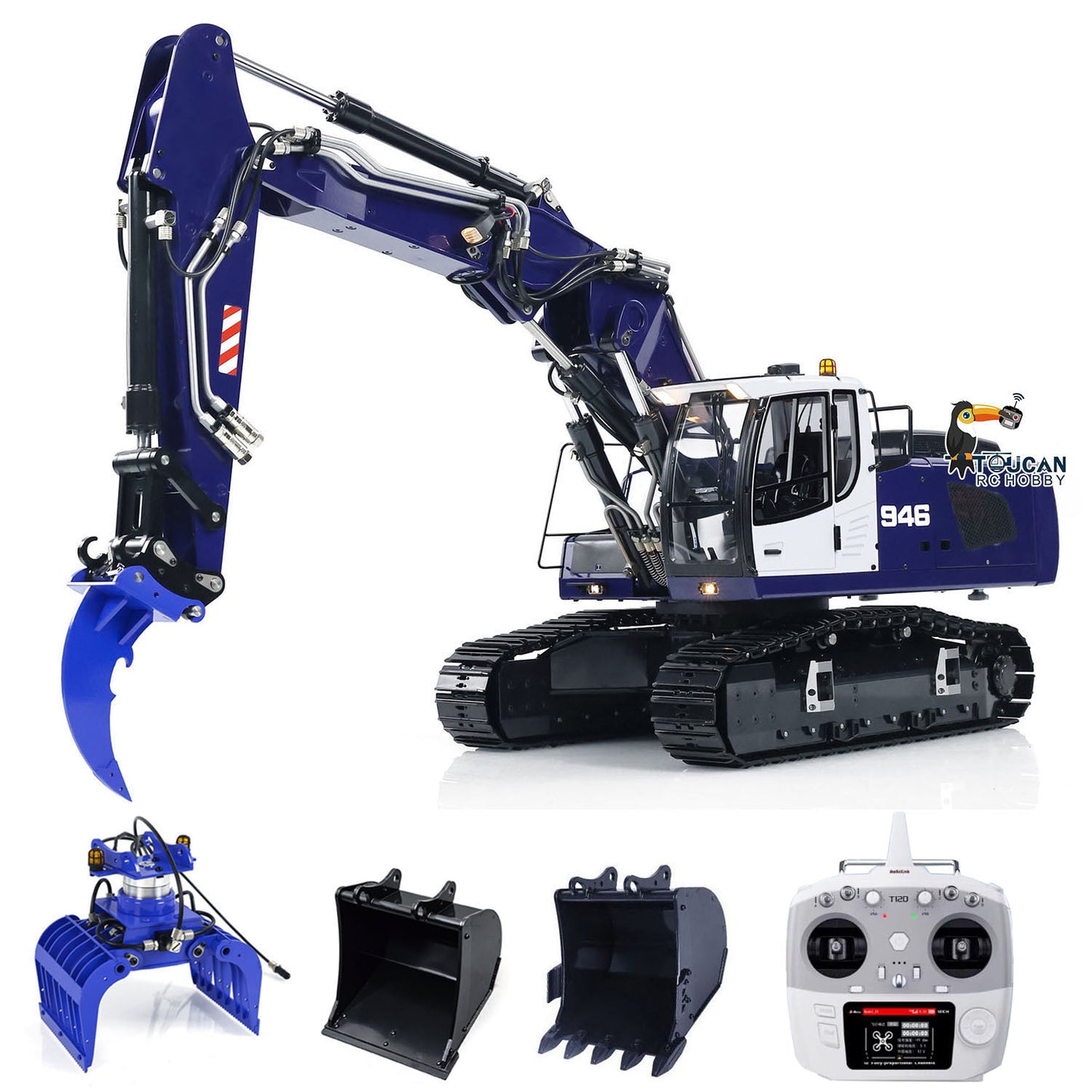 Pelle hydraulique sur chenilles ARTR à 3 bras en métal MTM 1/14 946-3 RC avec godet de démolition