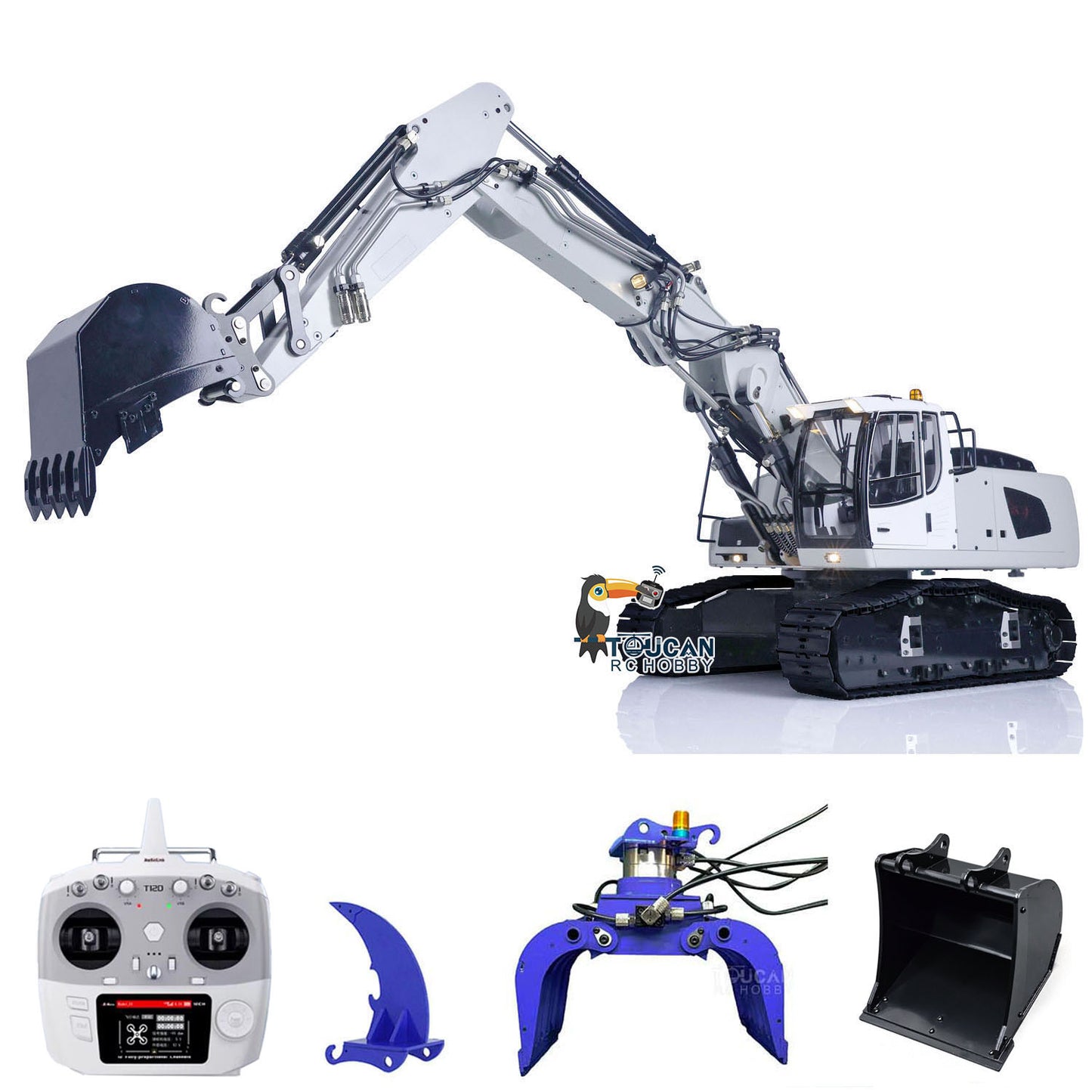 Pelle hydraulique sur chenilles MTM 1/14 946 RC 2 bras en métal ARTR avec godet de démolition