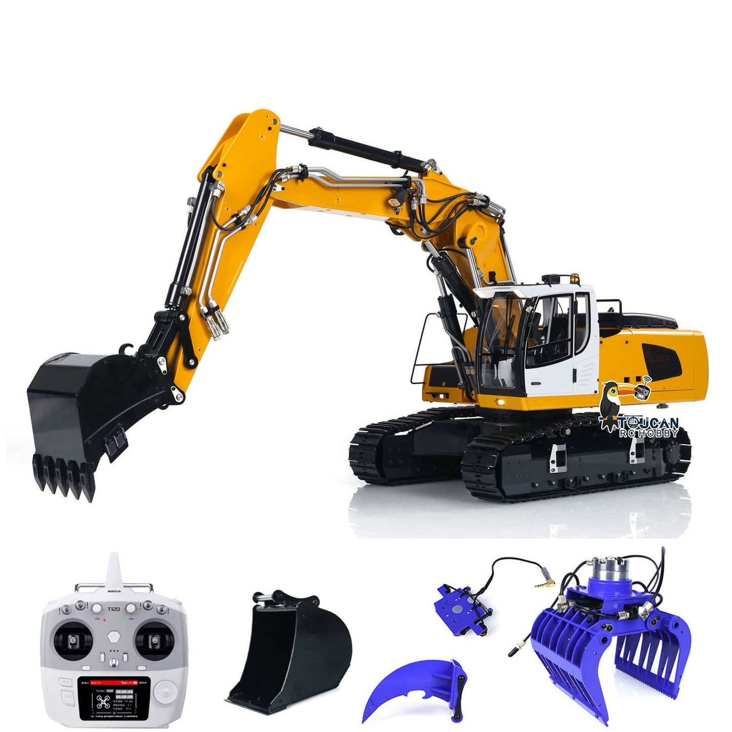 Pelle hydraulique sur chenilles ARTR à 3 bras en métal MTM 1/14 946-3 RC avec godet de démolition