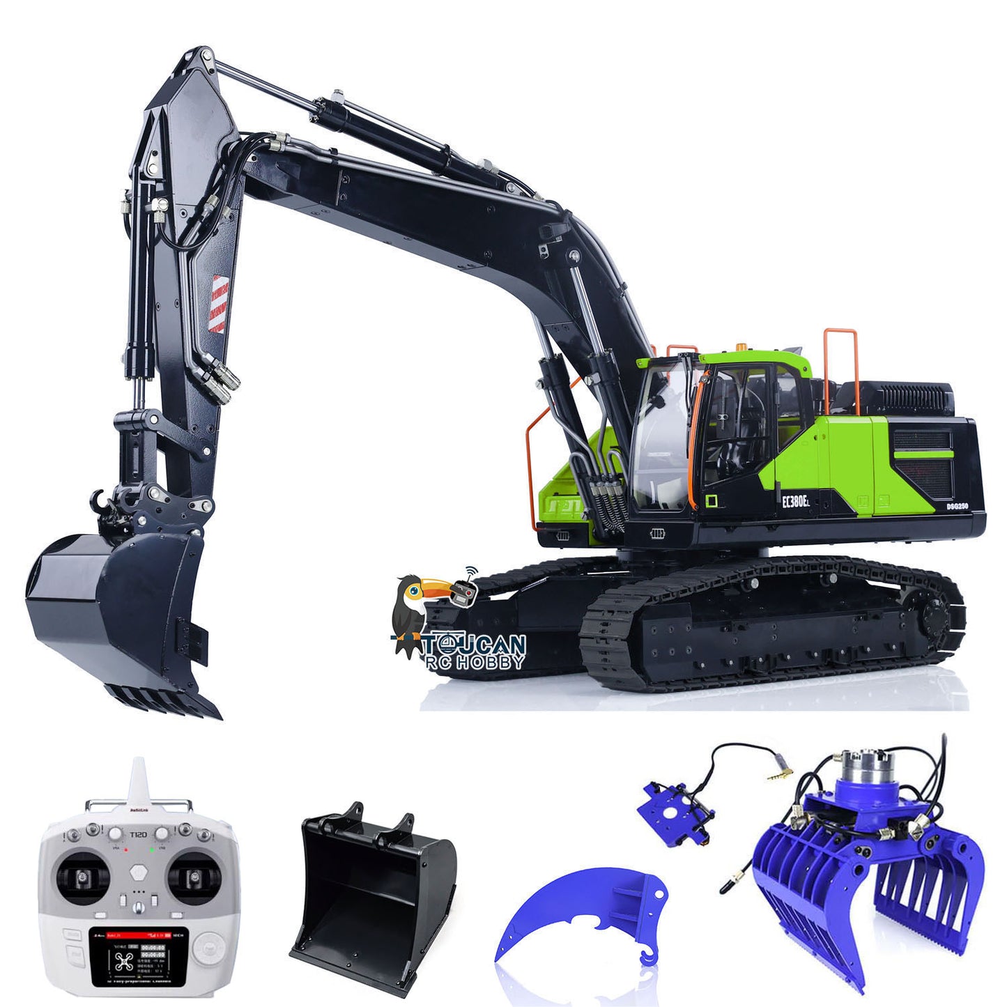 EN STOCK MTM 1/14 EC380 RC 2 Bras Métal Hydraulique Pelle Pelle sur Chenilles Pelle avec Pince Ripper