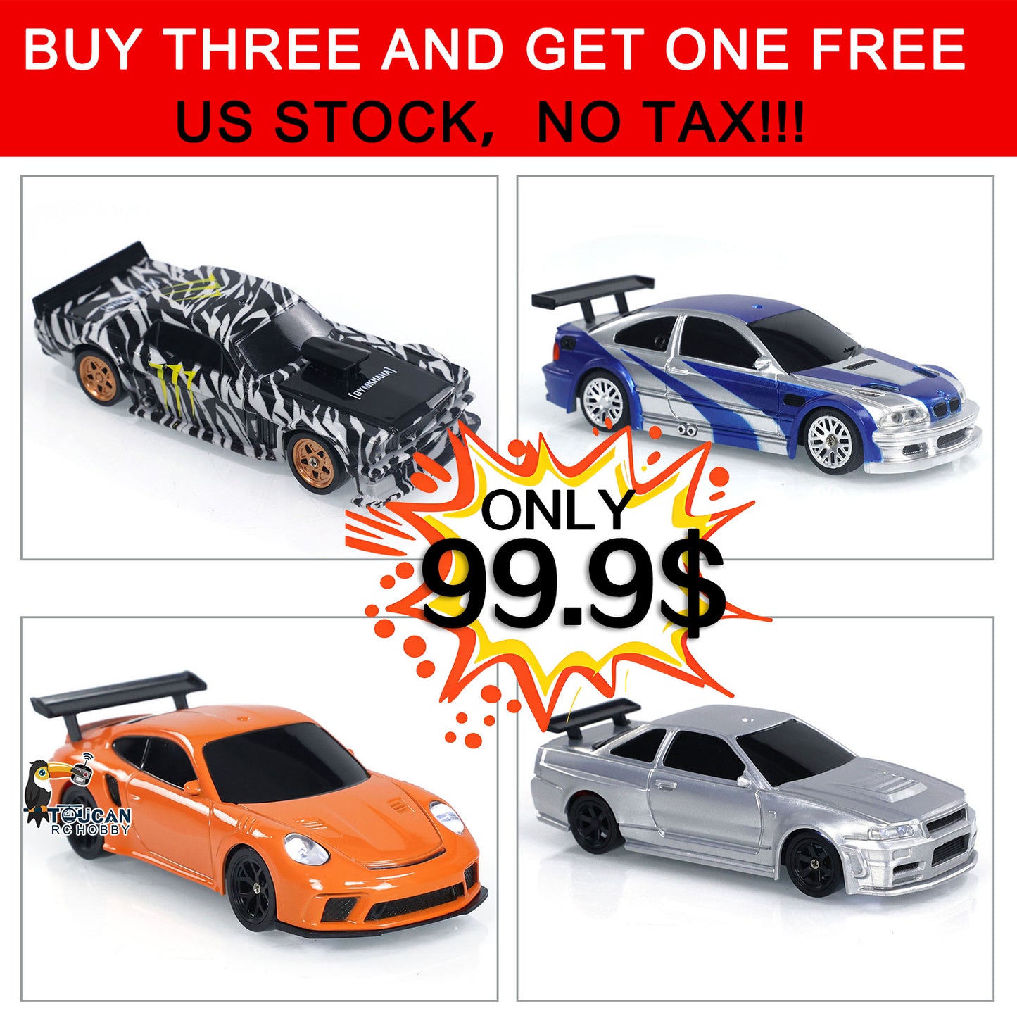 【FREE SHIPPING】US STOCK 4PCS 1/43 Radio Control Drift Car 4WD RC 2.4g Mini Race Car High Speed Model Toy