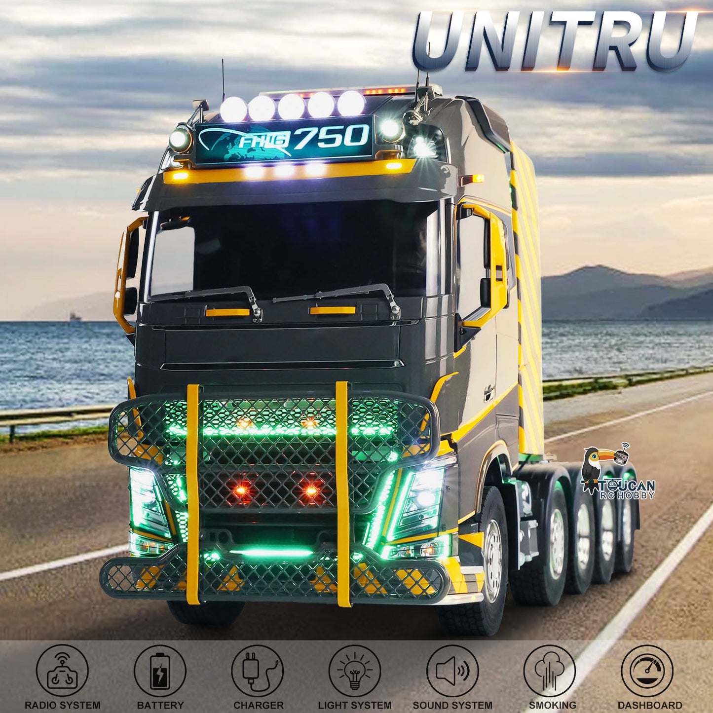 Unitru 02 FH16 1/14 Remote Control Tractor Truck 10x10 Metal Chassis RTR RC Lorry Car Model ST8 Radio Battery Smoke Light 3Speed
