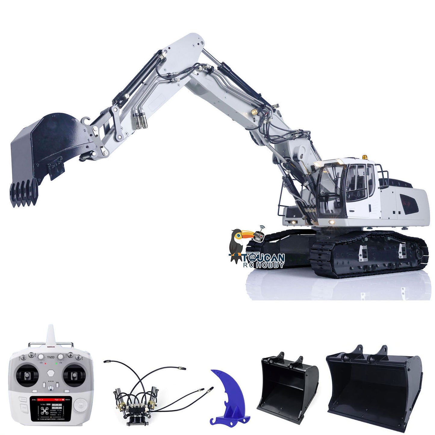 MTM 1/14 946 RC 2 bras ARTR pelle hydraulique sur chenilles en métal avec godet inclinable et grappin ripper