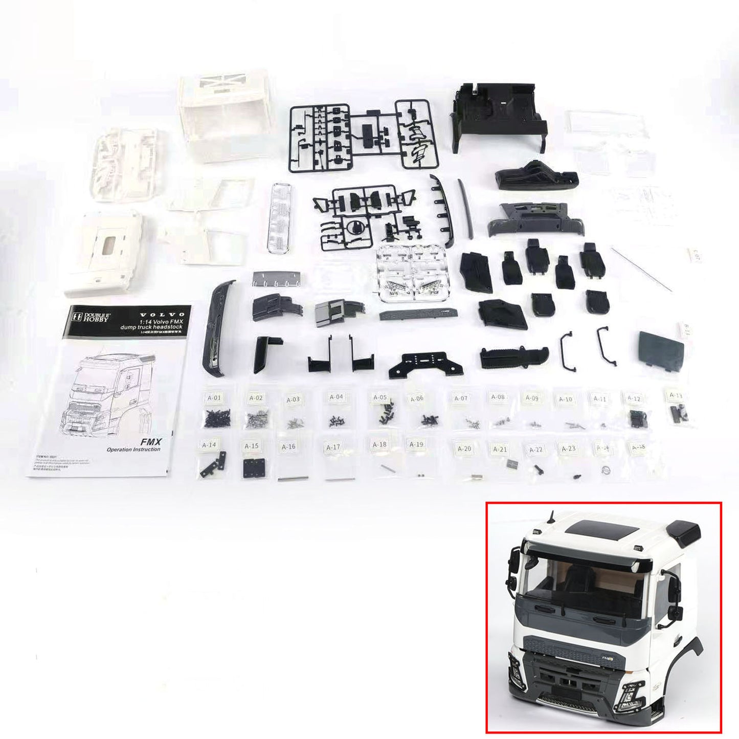 KIT de coque de cabine Double E S021 Volvo FMX pour camion à benne basculante hydraulique RC 1/14