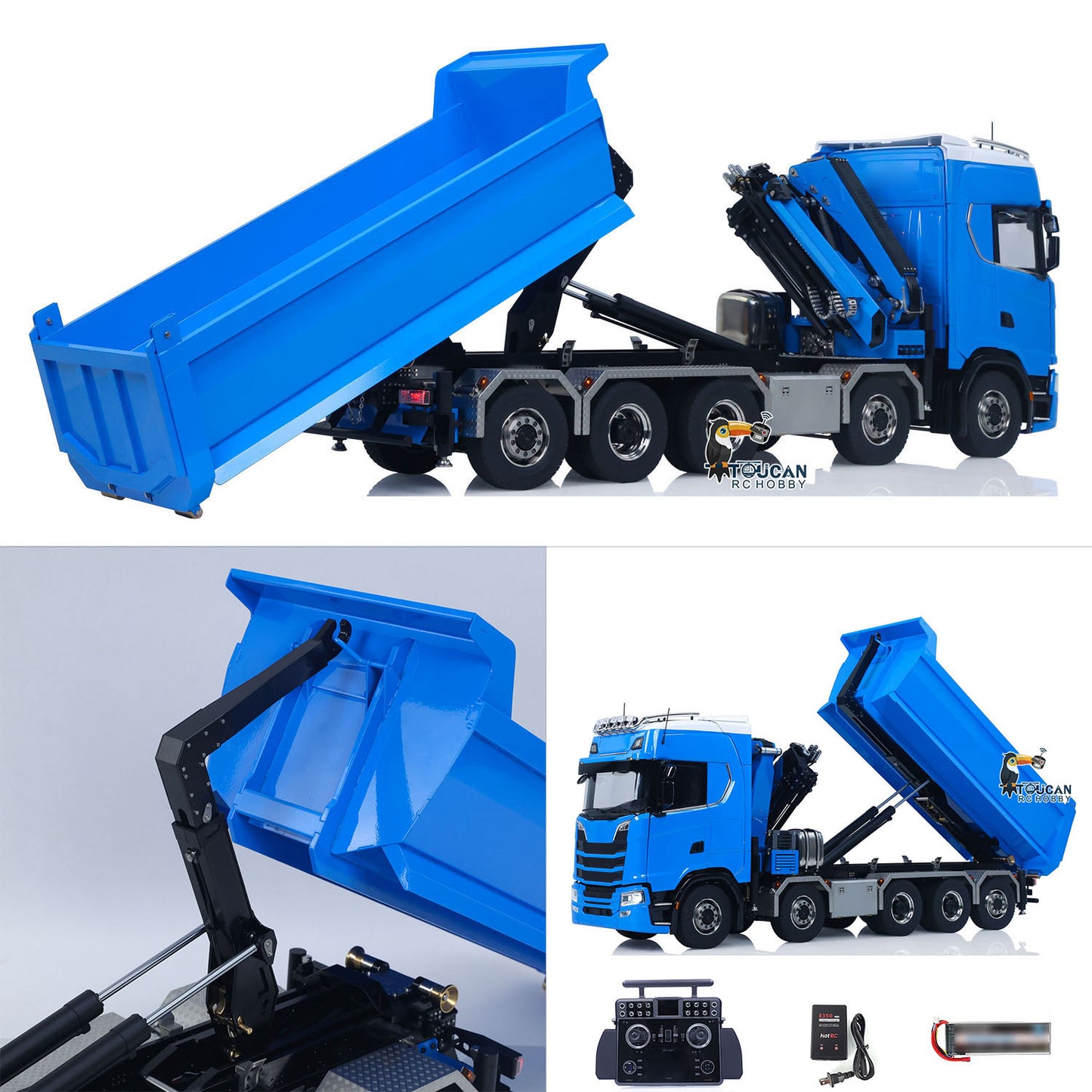 Camion à benne basculante hydraulique à châssis métallique 10x10 770S 1/14 RC avec grue et benne basculante complète