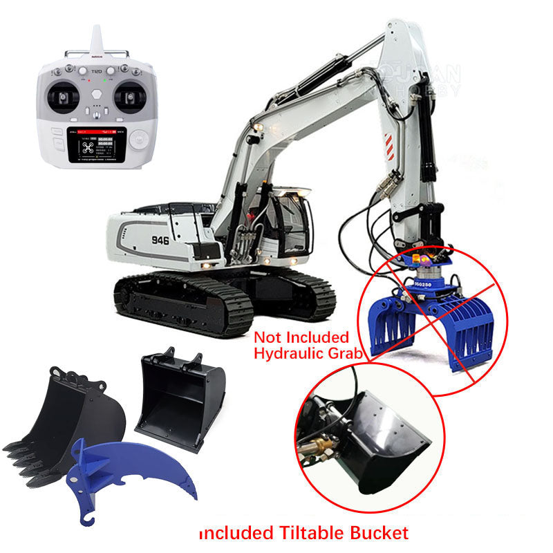 MTM 1/14 946 RC 2 bras ARTR pelle hydraulique sur chenilles en métal avec godet inclinable et grappin ripper