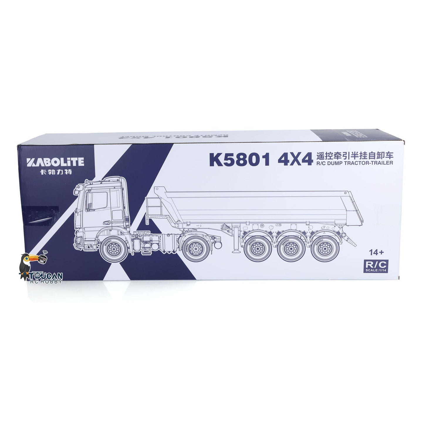 Camion tracteur 4X4 RC Kabolite RTR à l'échelle 1/14, 3 essieux, traction intégrale, avec trémie de levage électrique, remorque à benne basculante, batterie