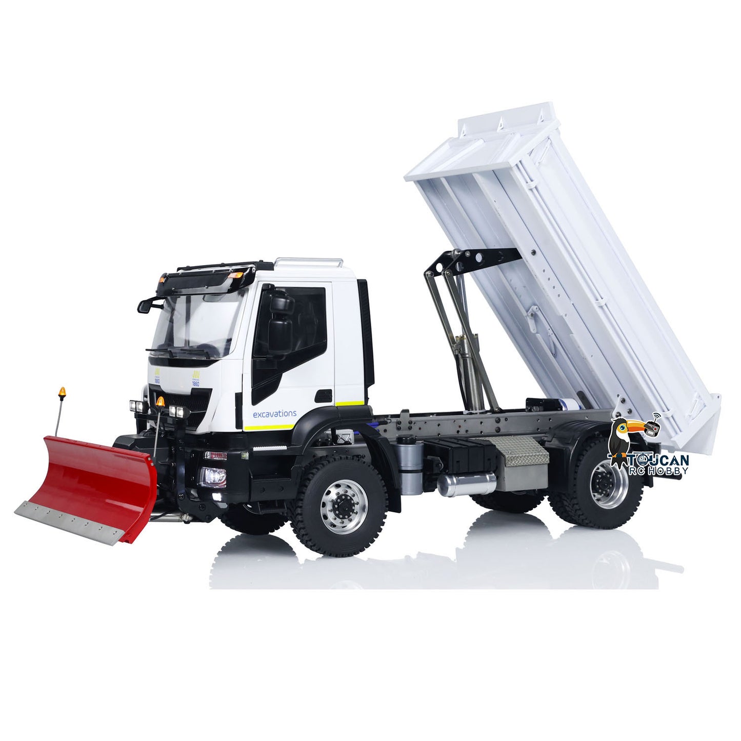 Camion à benne basculante hydraulique 4x4 en métal 1/14 RC / Lame à neige / Projecteur