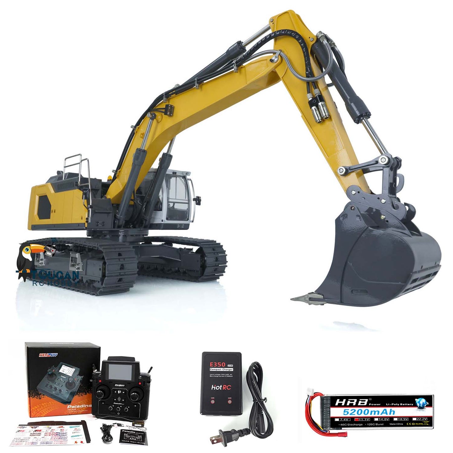 Excavatrice hydraulique RC RTR 945 en métal XDRC 1/14 avec vannes d'inversion 5 canaux et émetteur PL18EV