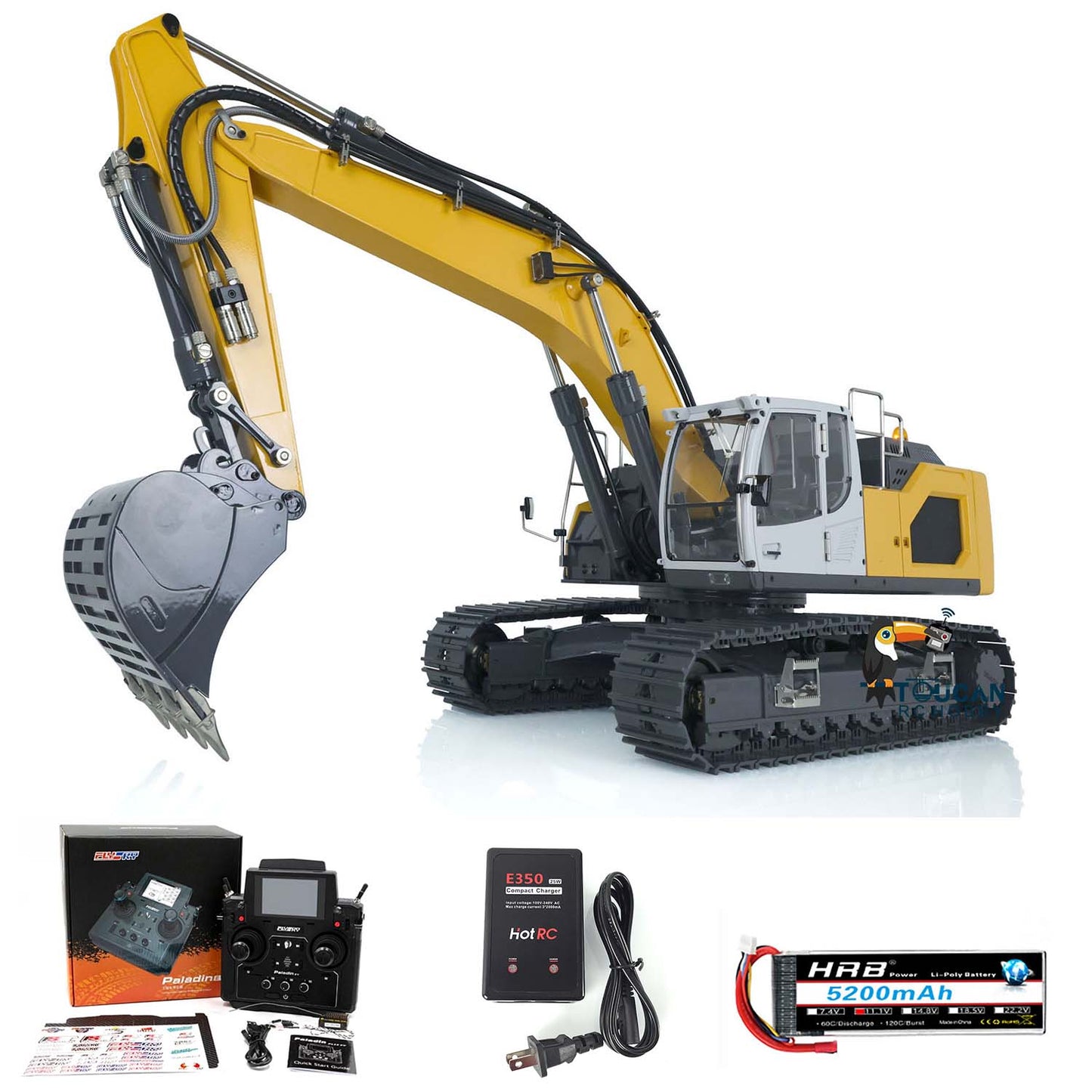 Excavatrice hydraulique RC RTR 945 en métal XDRC 1/14 avec vannes d'inversion 5 canaux et émetteur PL18EV