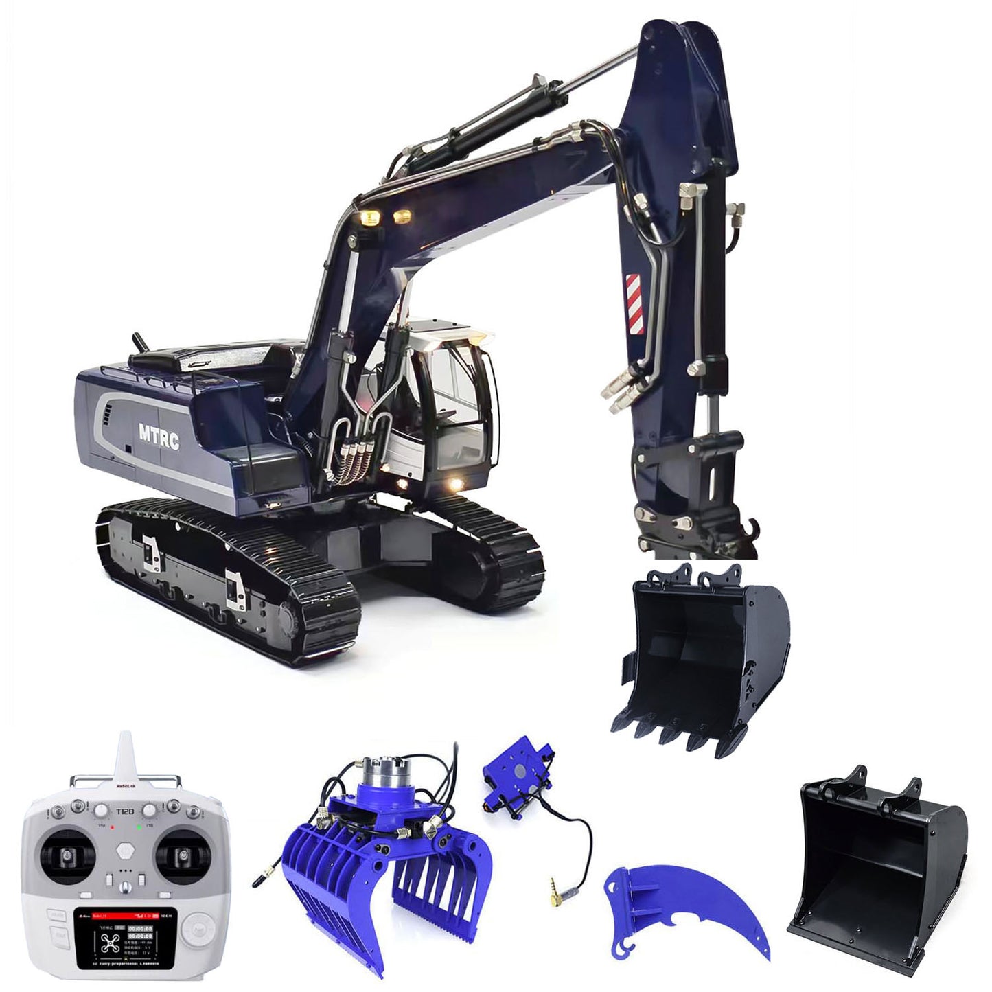 MTM 1/14 946 RC 2 bras ARTR pelle hydraulique sur chenilles en métal avec godet inclinable et grappin ripper