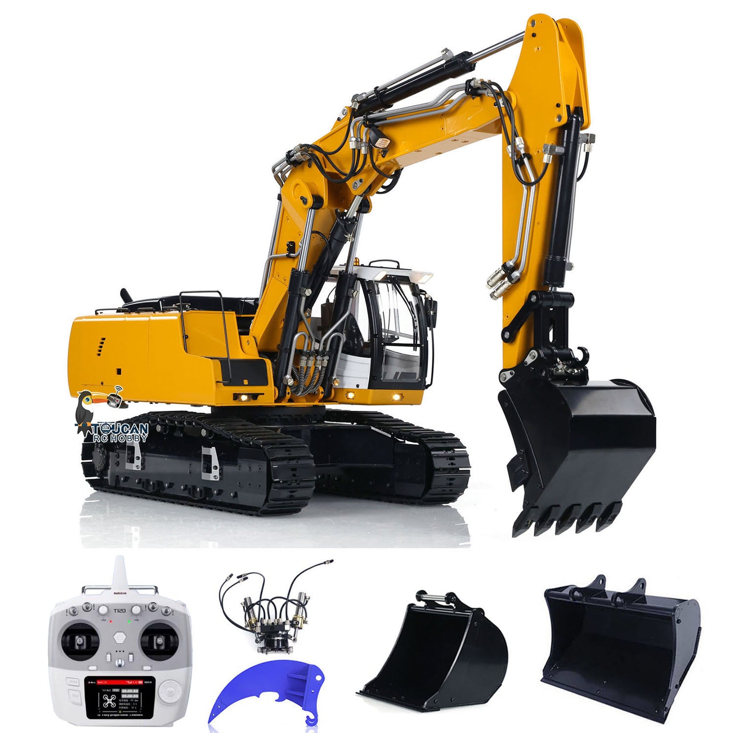 MTM 1/14 946 RC 2 bras ARTR pelle hydraulique sur chenilles en métal avec godet inclinable et grappin ripper