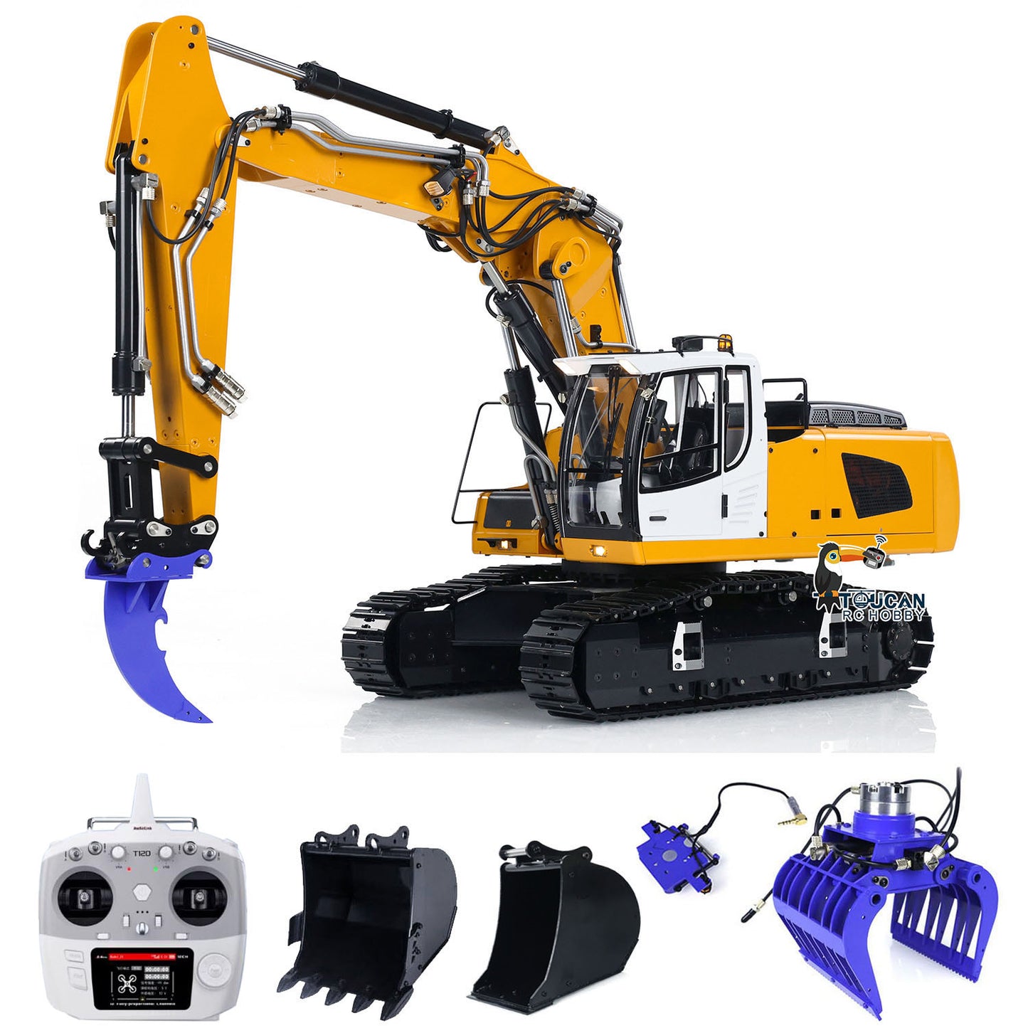 Pelle hydraulique sur chenilles MTM 1/14 946 RC 2 bras en métal ARTR avec godet de démolition