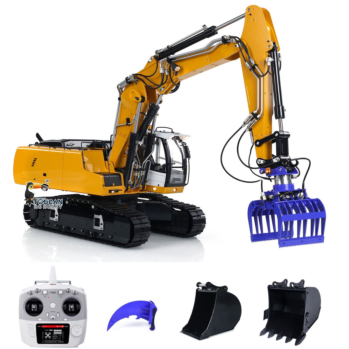 MTM 1/14 946 RC 2 bras ARTR pelle hydraulique sur chenilles en métal avec godet inclinable et grappin ripper