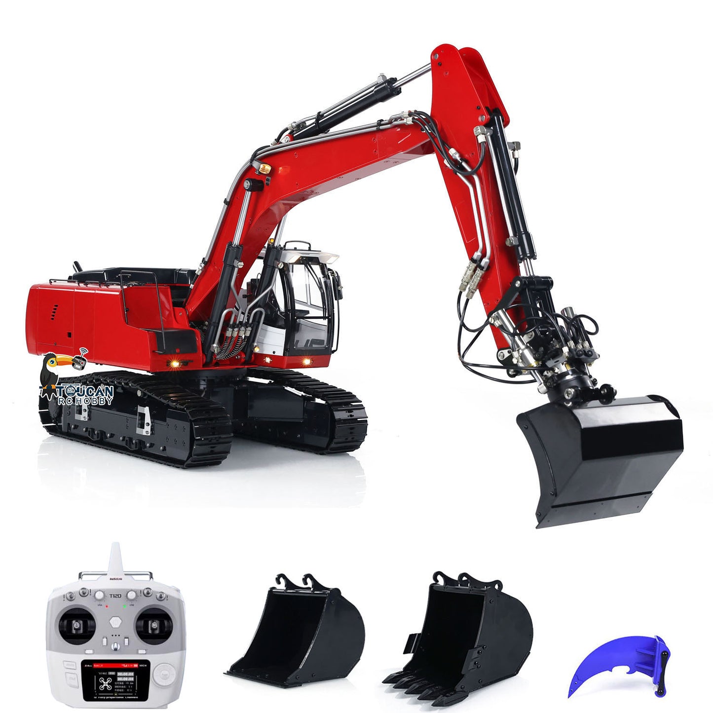 MTM 1/14 946 RC 2 bras ARTR pelle hydraulique sur chenilles en métal avec godet inclinable et grappin ripper