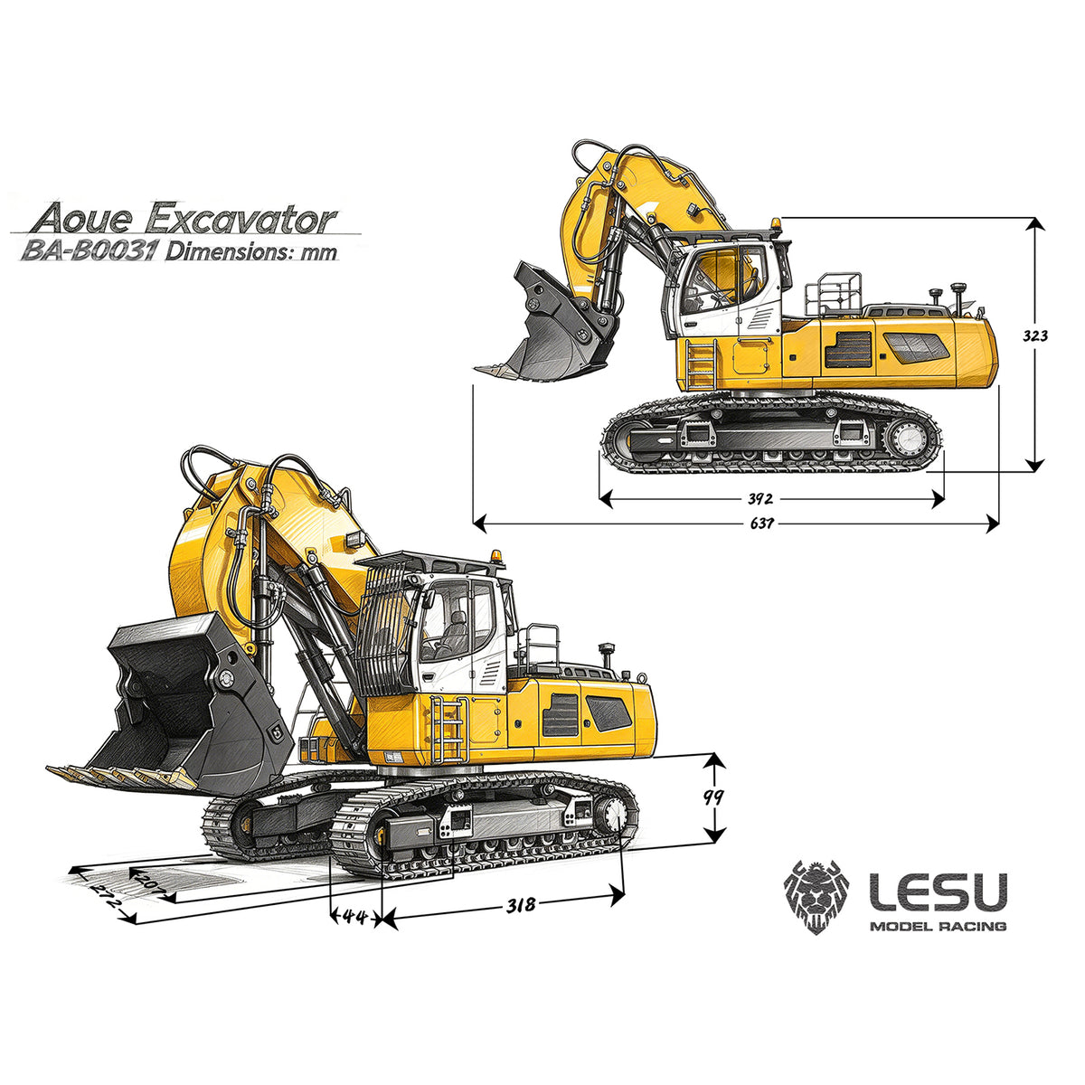 LESU LR956 1/14 Metal RC Hydraulic Front Shovel Excavator B0031 Dual Pumps KIT/PNP/RTR Digger with 7CH Valve Light System Simulated GPS
