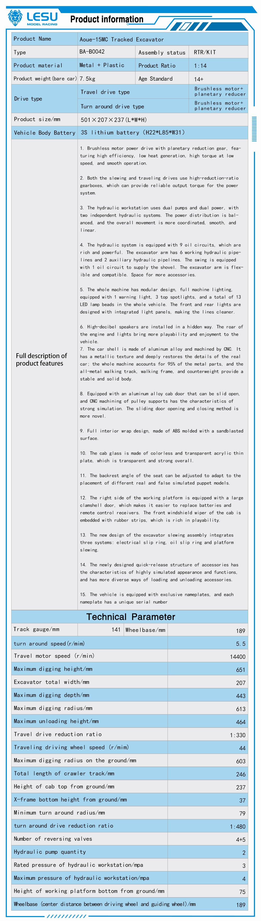 15MC LESU Metal 1/14 Hydraulic RC Excavator MC15 4 Arms Remote Control Digger Model 9 Ways Valve Dual Pumps Light Sound Radio Battery