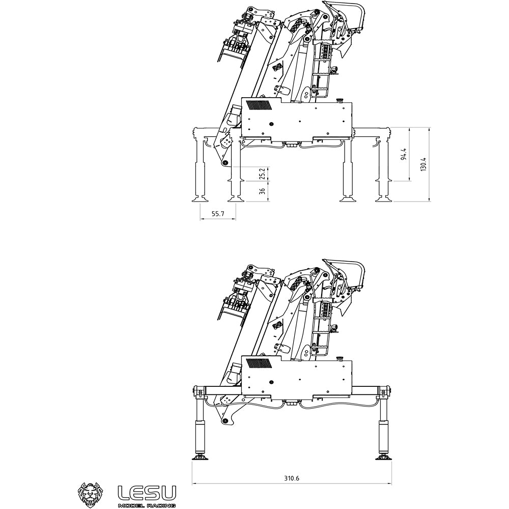 LESU 1/14 Remorque RC avec grue hydraulique en métal