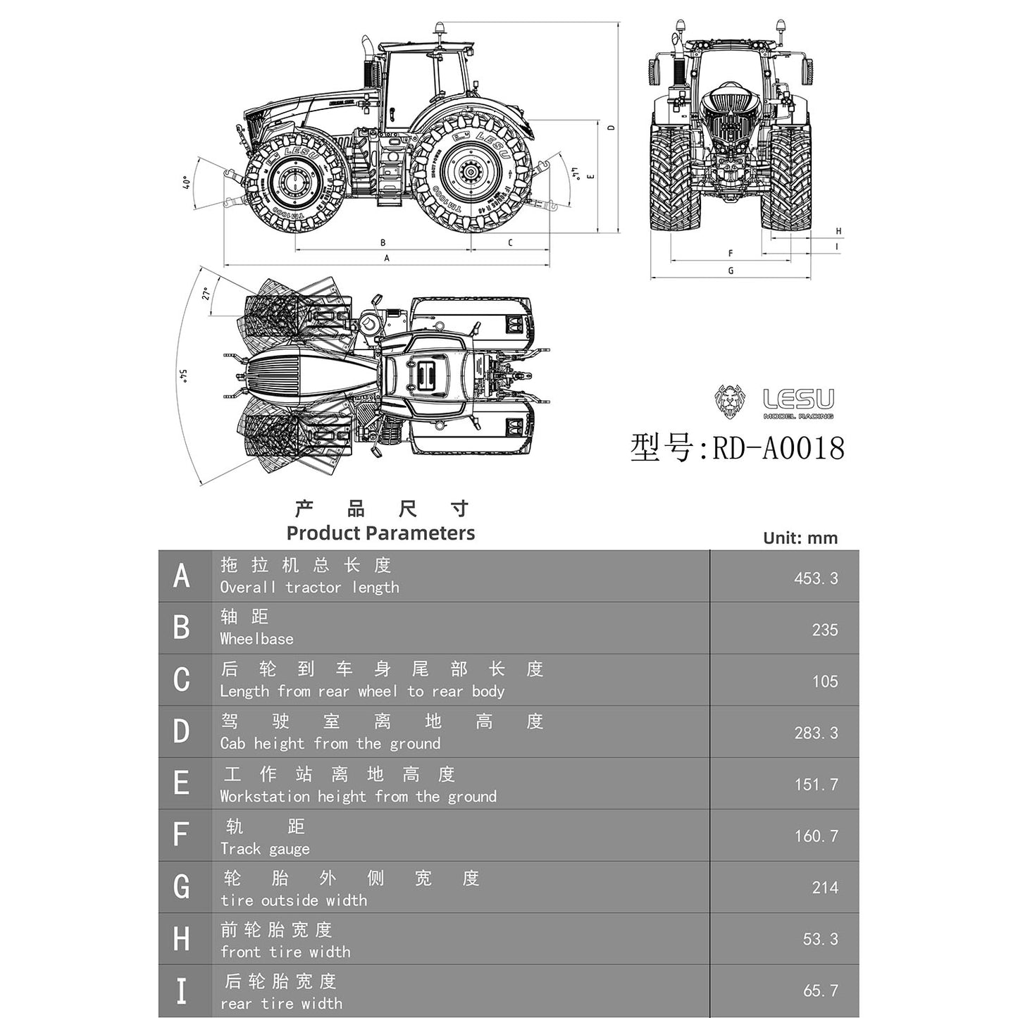 LESU AOUE 1050 4x4 1/14 Hydraulic Metal RC Tractor With Radio Battery Smoke Unit Upgrade Sound System