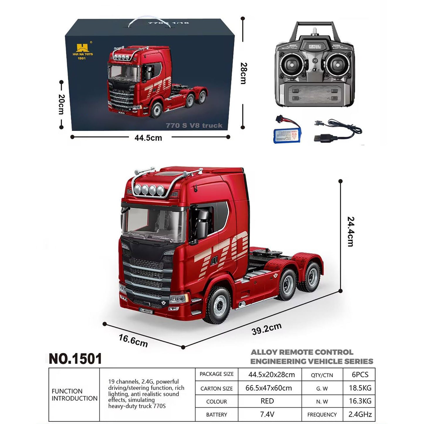 770S Plastic 1/18 RC Tractor Truck Toys Finished Model RTR 7.4V Battery Radio 19CH Light Sound Effects Remote Control Lorry Car