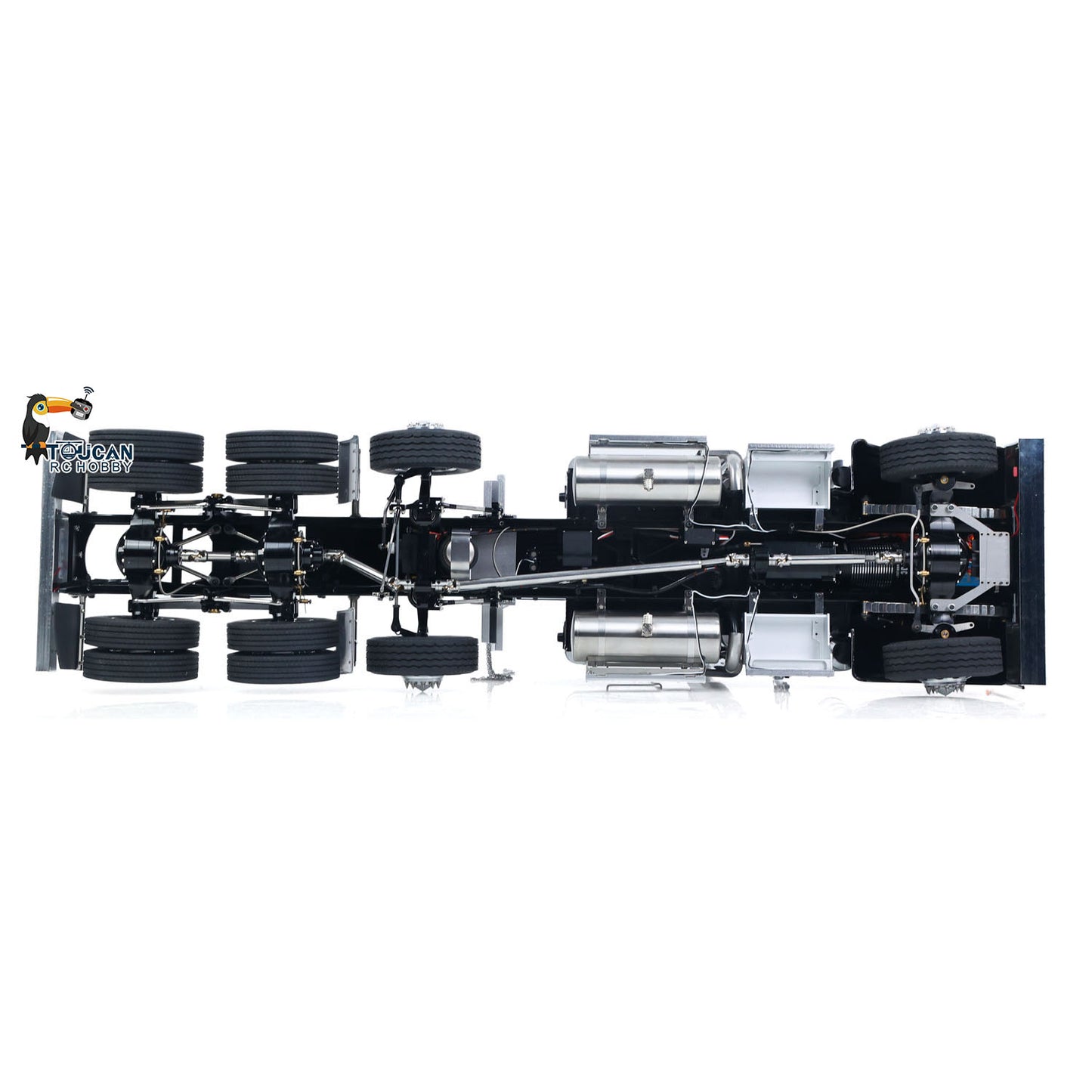 TOUCAN 1/14 RC 8X6 GrandHauler RC Tractor Truck Bottom Chassis Drivetrain Overhead Shot, 3‑Speed Gearbox Differential Lock Axle Internal Mechanical Detail