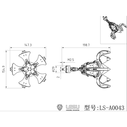LESU 1/14 Metal RC Hydraulic Crane Attachments for Dump Truck Orange Peel Grab Clamshell Bucket Fork Brick Clamp Rotary Cylinder