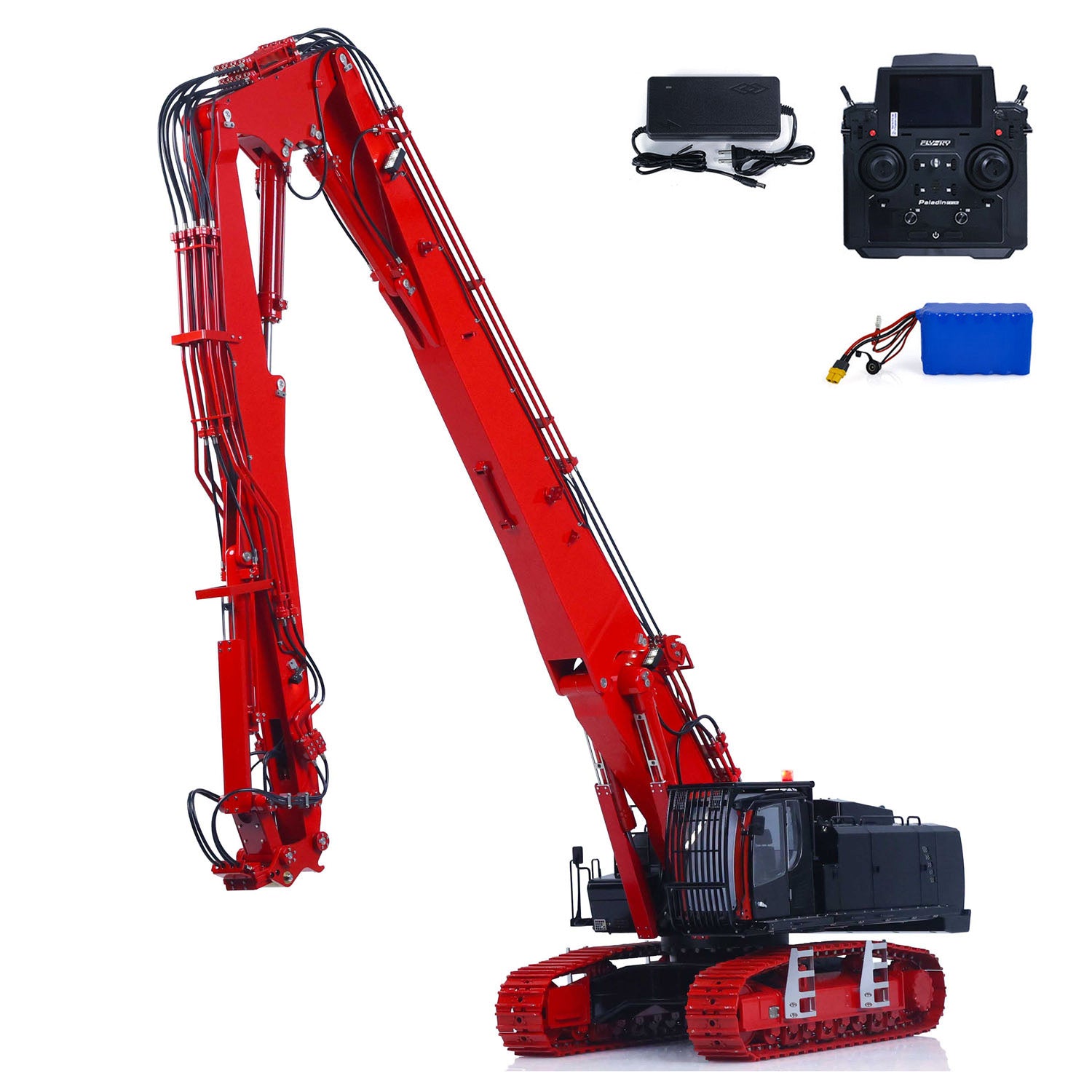 1/14 scale RC hydraulic excavator metal CUT-1 K970-300 red CNC 6061 alloy full view on white background