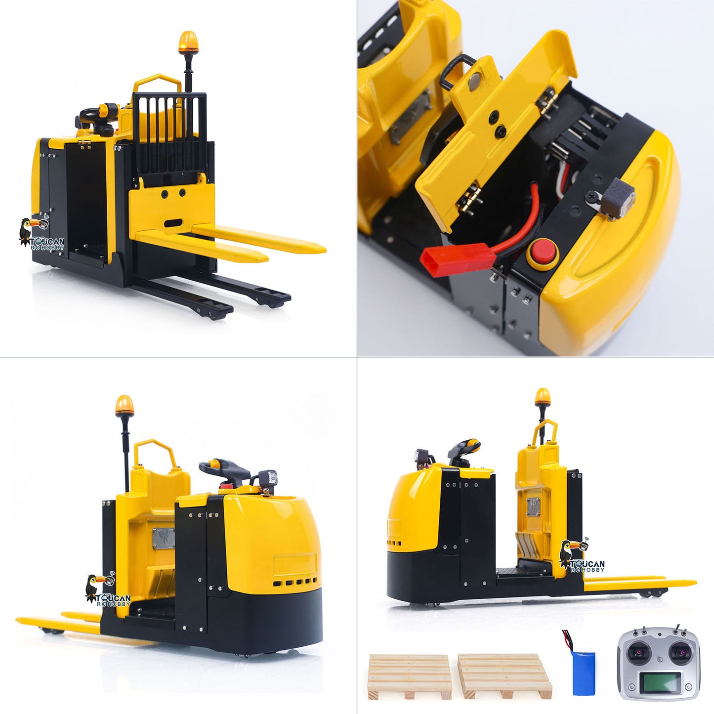 1/14 RC HTM MO55 Electric Forklift left rear view with metal body and warehouse vehicle details