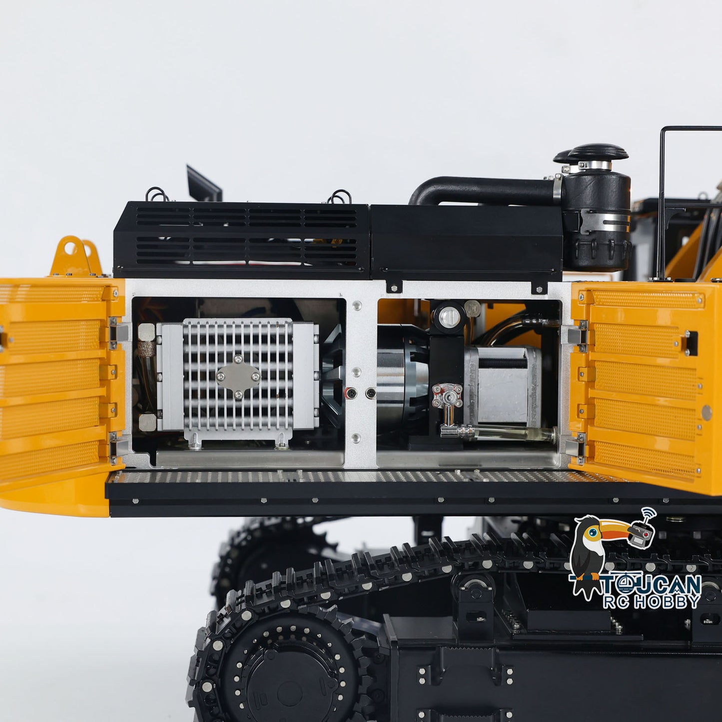 1/14 RC K980 Excavator internal structure detail with metal components and hydraulic mechanism