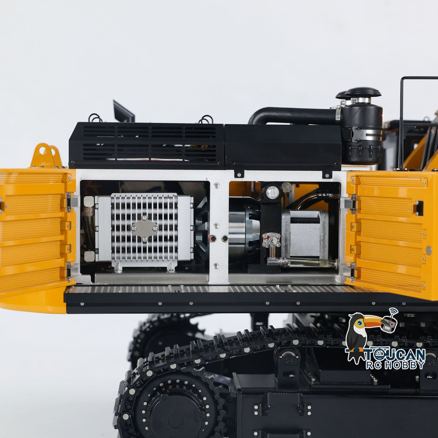1/14 RC K980 Excavator internal structure detail with metal components and hydraulic mechanism