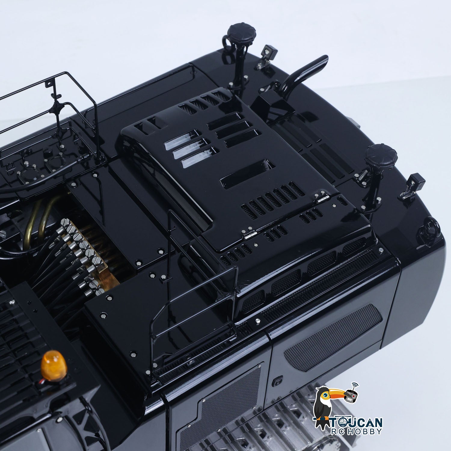 1/14 RC LS Hydraulic Excavator rear body detail with metal construction and painted finish