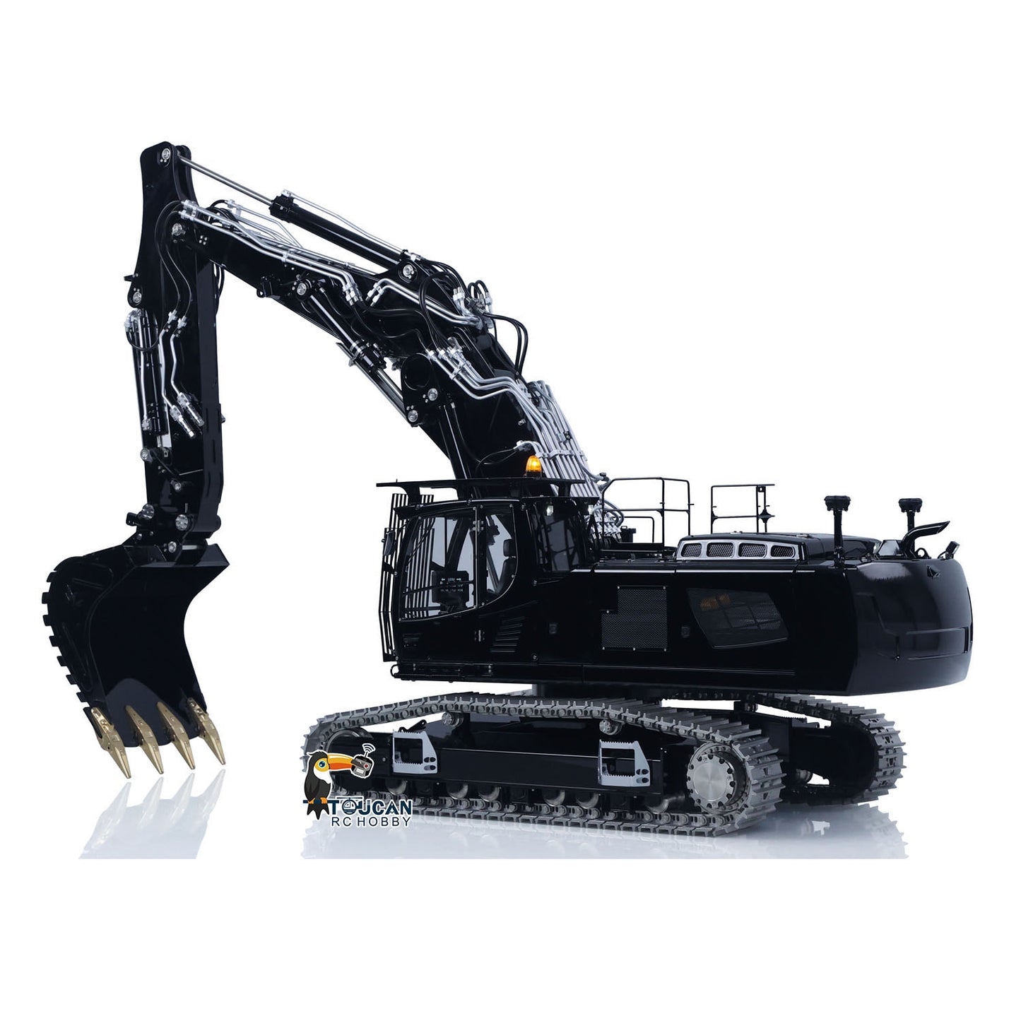 1/14 RC LS LR956 Crawler Excavator left rear view with metal tracks and three section boom design