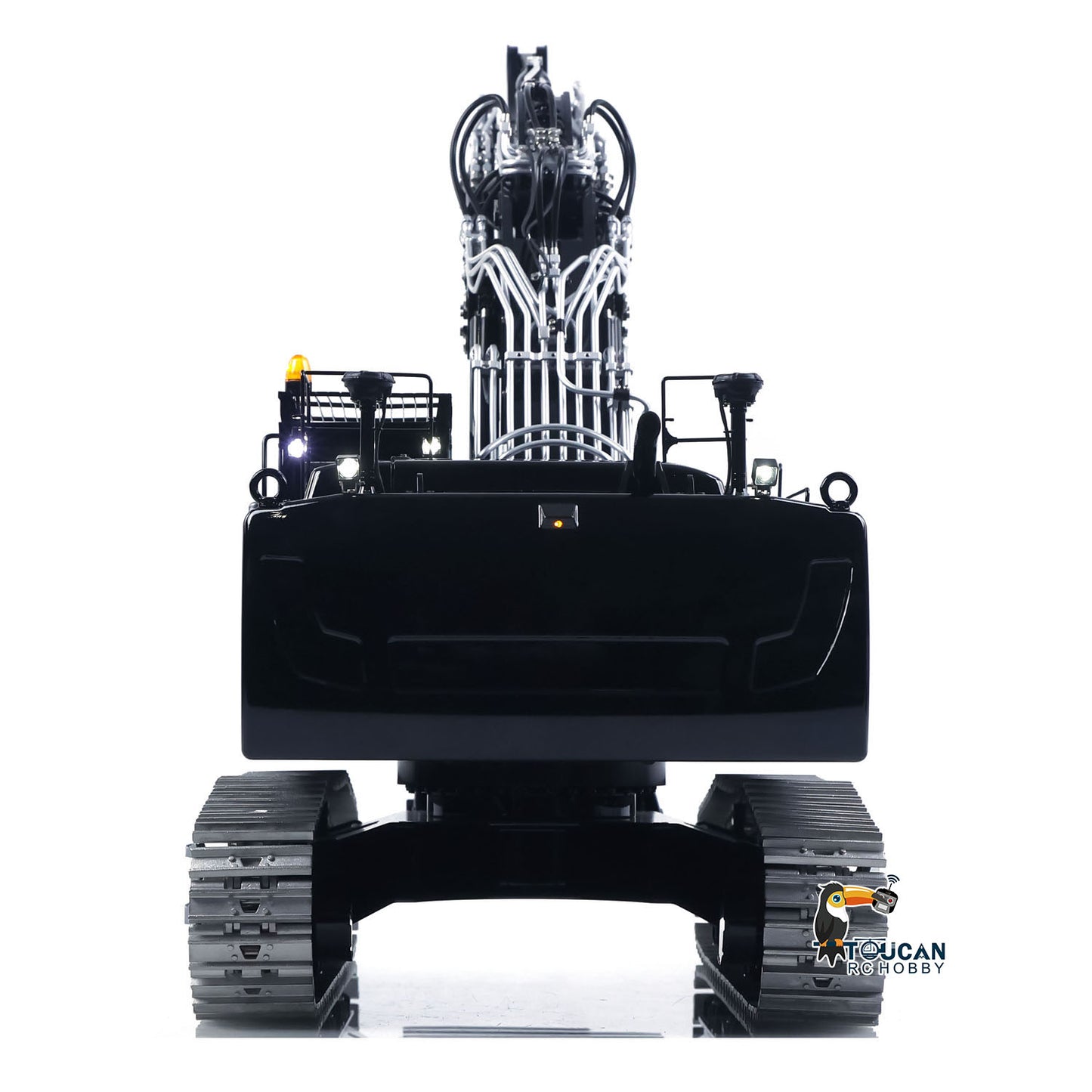 1/14 RC LS LR956 Excavator rear view with metal body hydraulic components and scale details