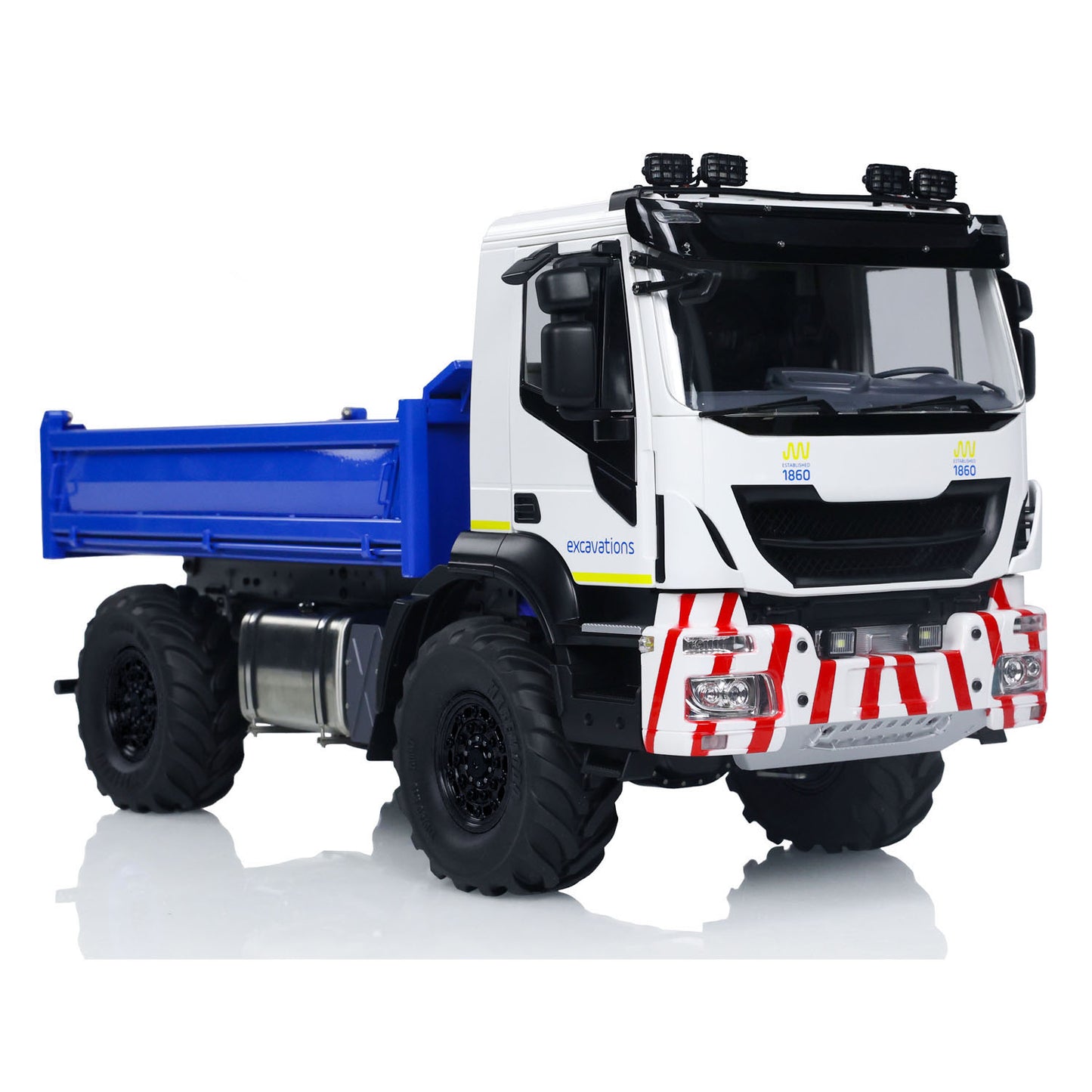 1/14 RC MD 4x4 Dump Truck right front view with metal body and large off road tires