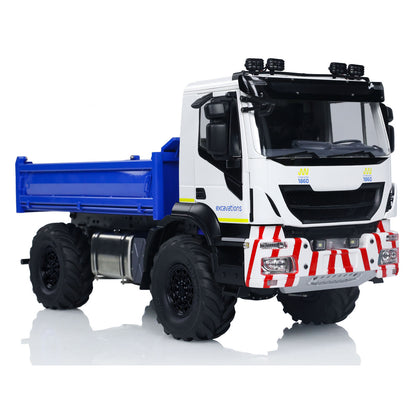 1/14 RC MD 4x4 Dump Truck right front view with metal body and large off road tires