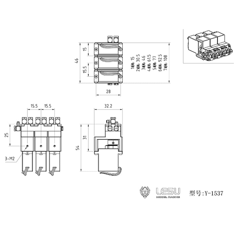 1/2/3/4/5/6/7 Channel Directional Valve LESU Hydraulic Brass Reversing Valve for 1/14 RC Model