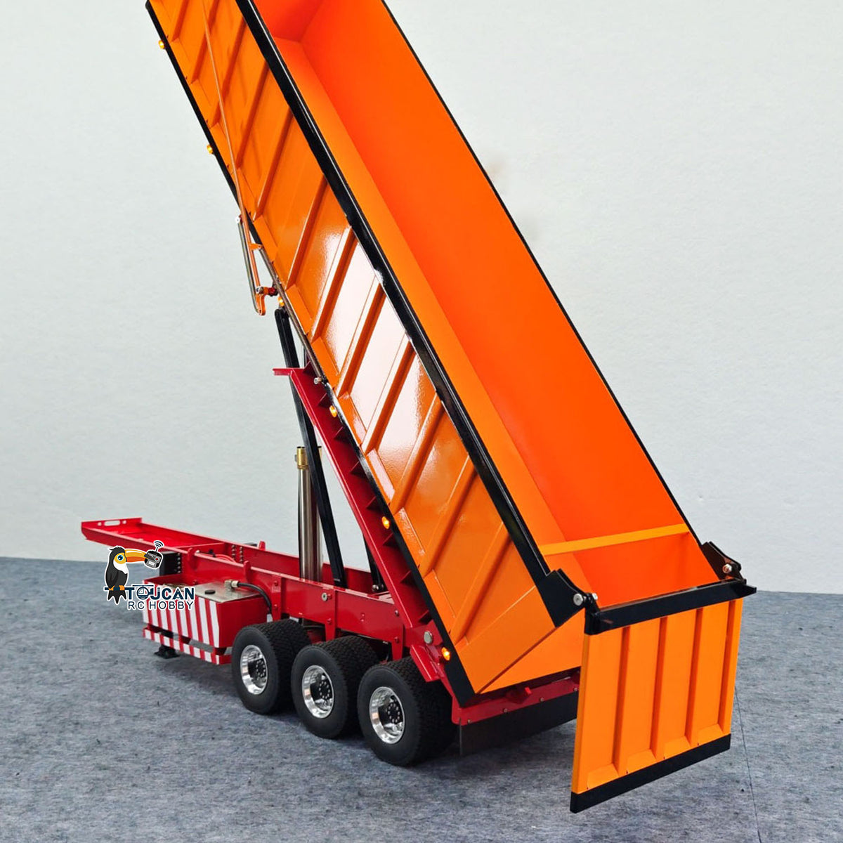 TOUCAN 1/14 Metal RC Hydraulic Dump Semi Trailer 3 Axle with Center Lift System Electric Support Legs Tarp Lights for Tractor Truck