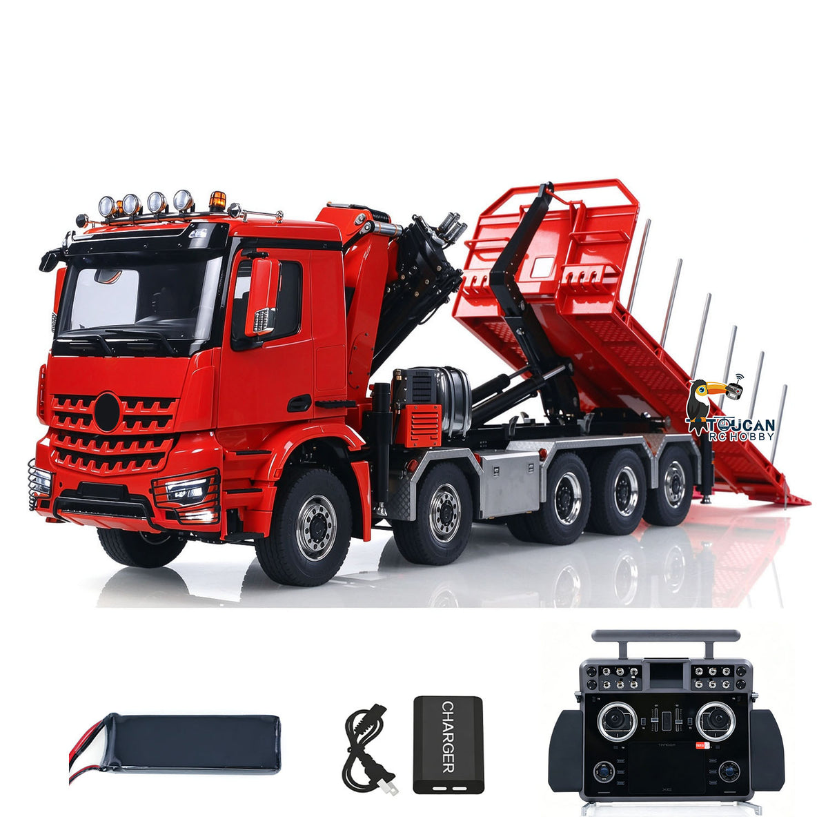 TOUCAN 1/14 10x10 Remote Control Hydraulic Crane Dump Truck RC Full Dumper Rear Axle Lifting HobbyWing Brushed Motor 9CH Steel Valve