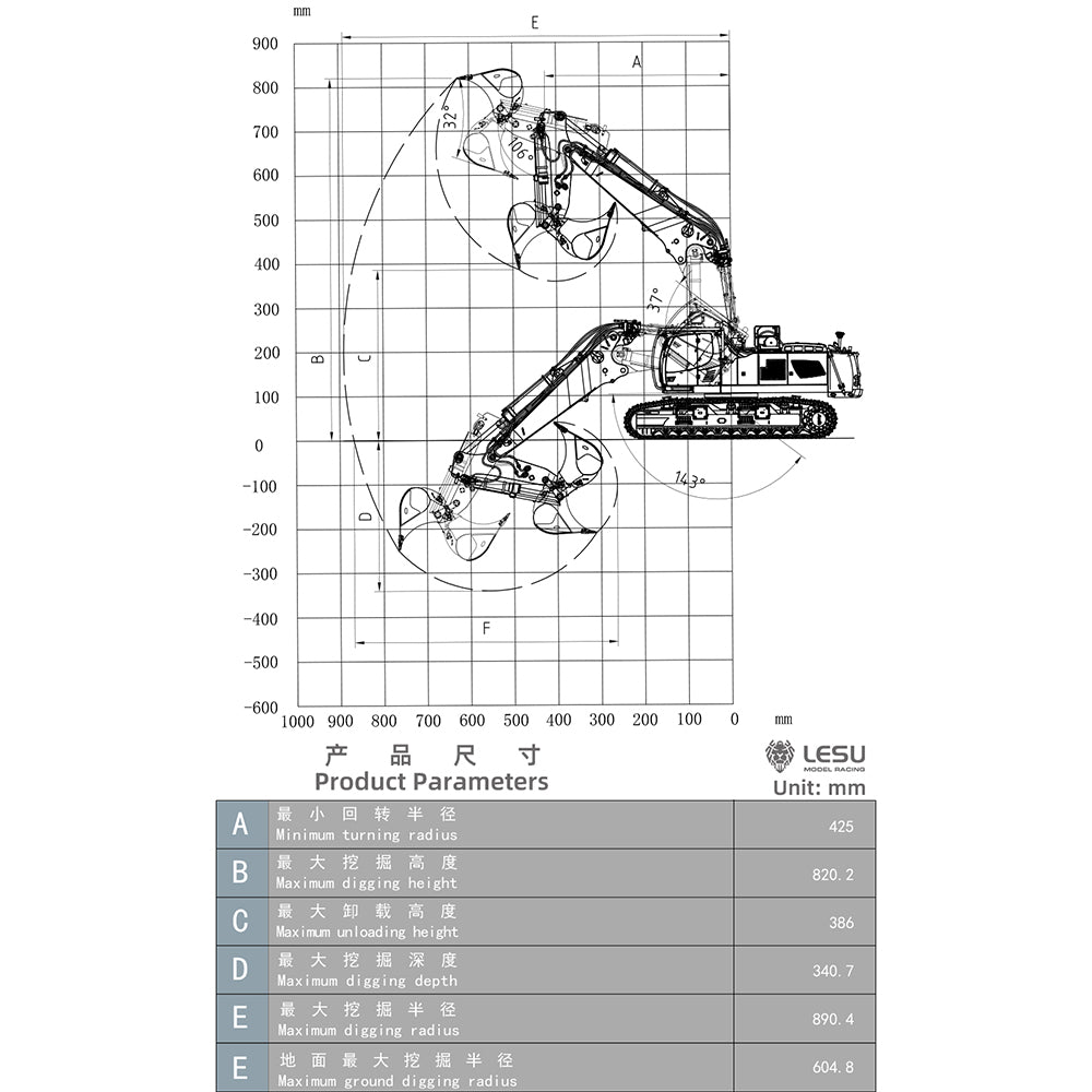 LESU 1/14 RC Excavatrice hydraulique complète LR960 RTR Digger Frsky XE Radio Battery sans système sonore