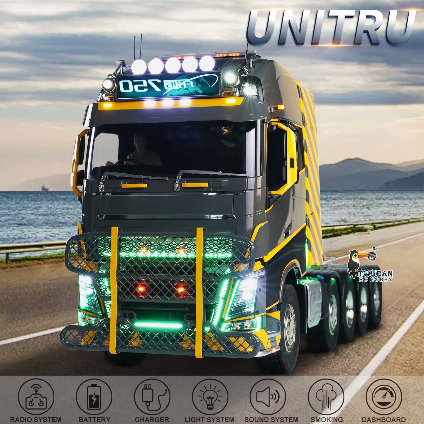 Unitru 02 FH16 1/14 Remote Control Tractor Truck 10x10 Metal Chassis RTR RC Lorry Car Model ST8 Radio Battery Smoke Light 3Speed