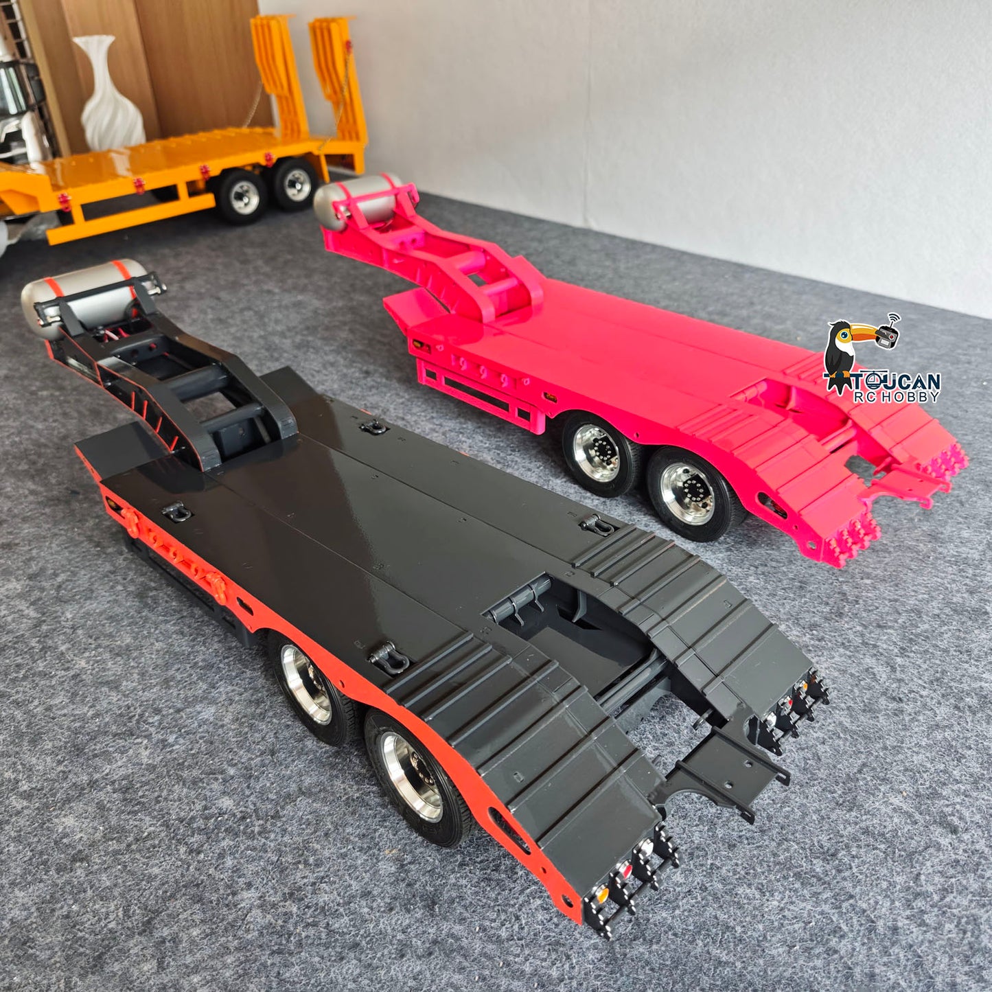 TOUCAN 1/14 Metal 2 Axle Flatbed Trailer Manual Width Adjustable 18-23cm with Lights Stainless Steel Wheels for RC Tractor Truck Model