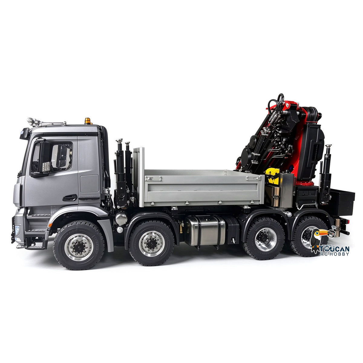 1/14 Metal 8X8 RC Hydraulic Crane Truck Remote Control Lorry with Extension Jib Electric Winch Removable Cargo Bed 3 Speed Diff Lock