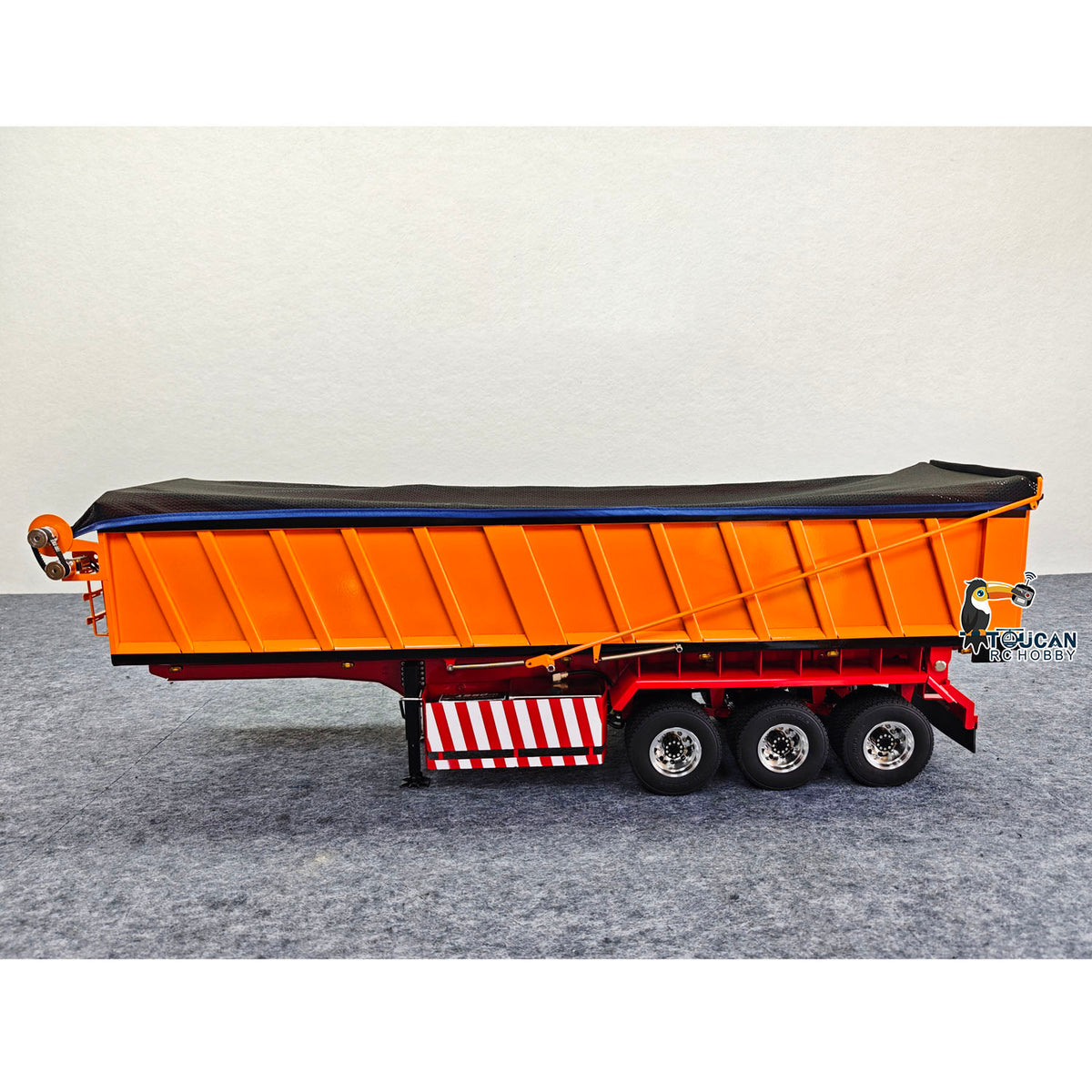 TOUCAN 1/14 Metal RC Hydraulic Dump Semi Trailer 3 Axle with Center Lift System Electric Support Legs Tarp Lights for Tractor Truck