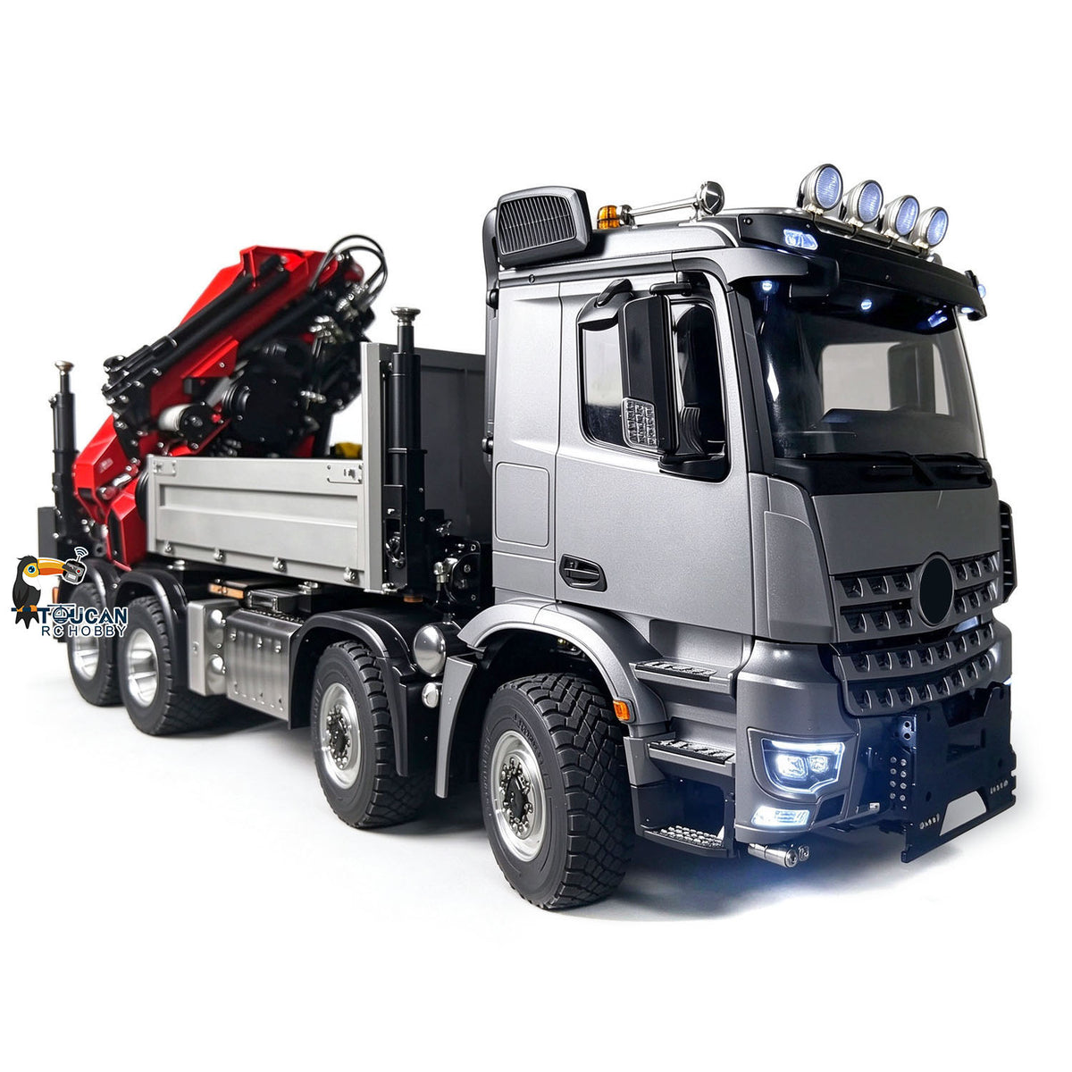 1/14 Metal 8X8 RC Hydraulic Crane Truck Remote Control Lorry with Extension Jib Electric Winch Removable Cargo Bed 3 Speed Diff Lock