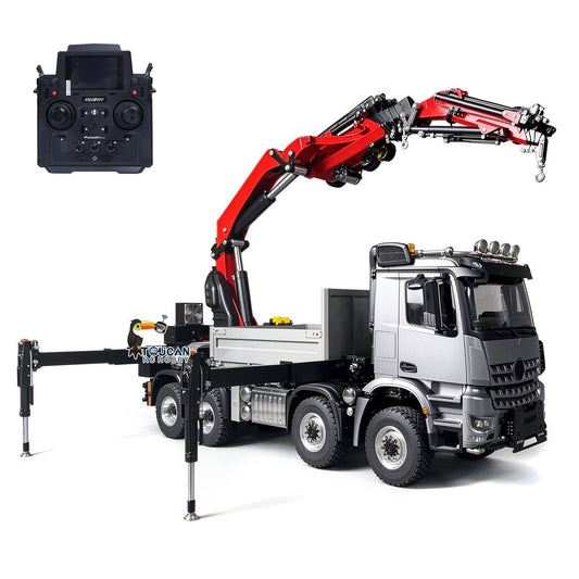 1/14 Metal 8X8 RC Hydraulic Crane Truck Remote Control Lorry with Extension Jib Electric Winch Removable Cargo Bed 3 Speed Diff Lock