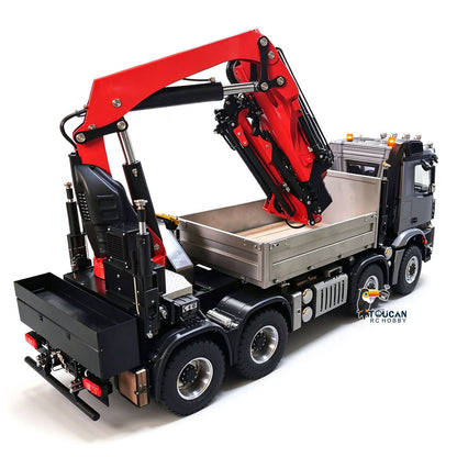 1/14 Metal 8X8 RC Hydraulic Crane Truck Remote Control Lorry with Extension Jib Electric Winch Removable Cargo Bed 3 Speed Diff Lock