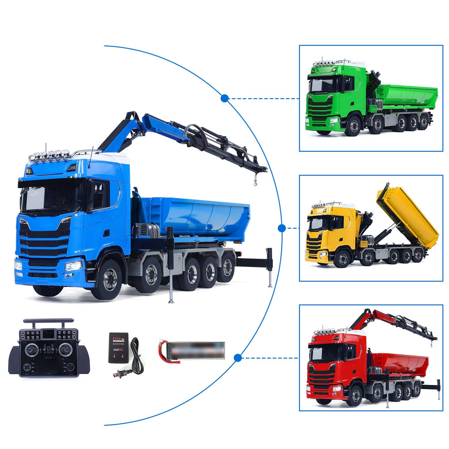 1/14 Remote Control Hydraulic Crane Dumper 10*10 RC Roll On Off Tipper 770S 3Speed U-Shaped Rear Axle Steering Differential Locks Metal Valves