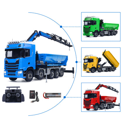1/14 Remote Control Hydraulic Crane Dumper 10*10 RC Roll On Off Tipper 770S 3Speed U-Shaped Rear Axle Steering Differential Locks Metal Valves