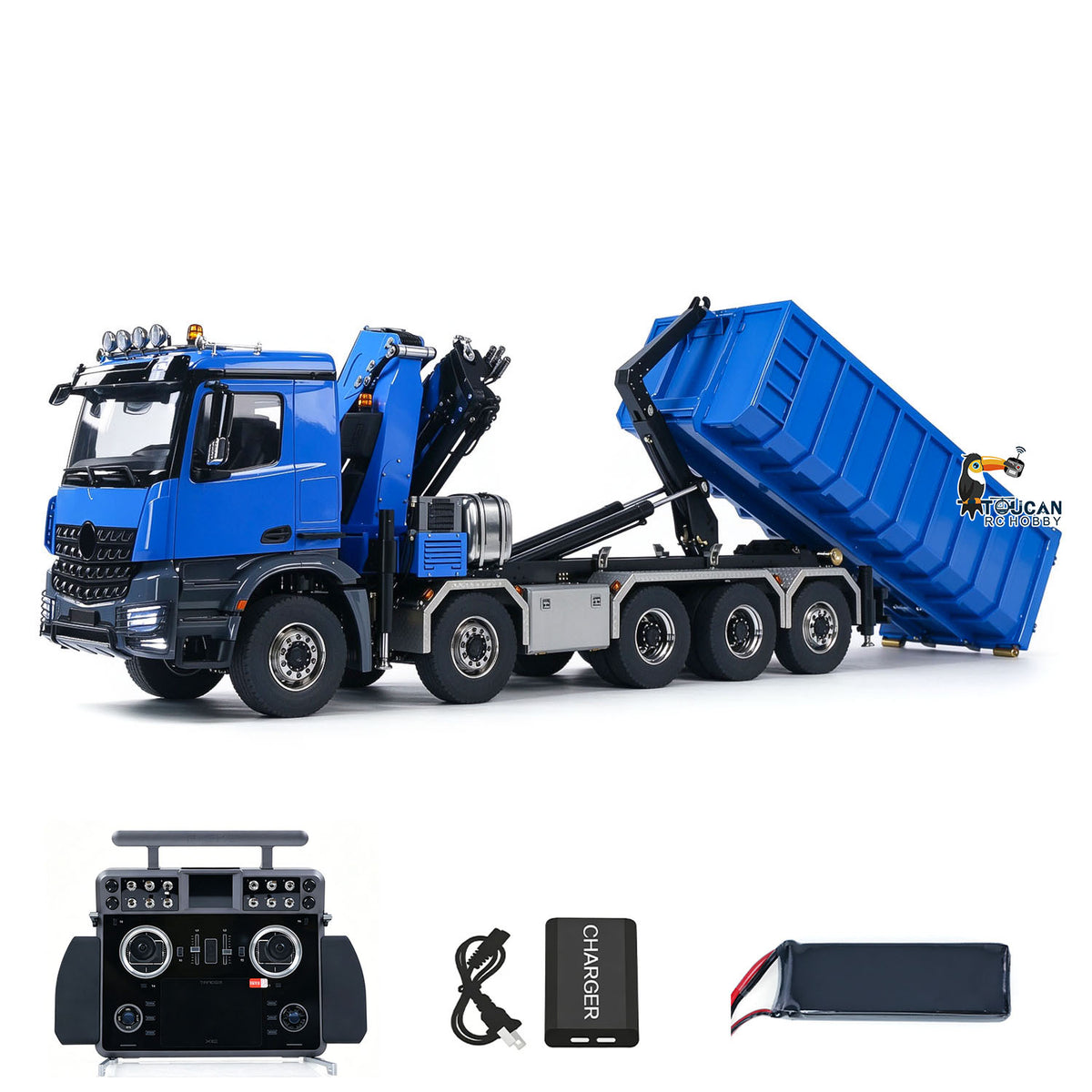 TOUCAN 1/14 10x10 Remote Control Hydraulic Crane Dump Truck RC Full Dumper Rear Axle Lifting HobbyWing Brushed Motor 9CH Steel Valve