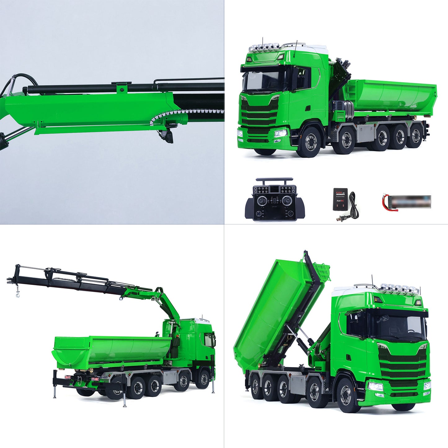 1/14 Remote Control Hydraulic Crane Dumper 10*10 RC Roll On Off Tipper 770S 3Speed U-Shaped Rear Axle Steering Differential Locks Metal Valves